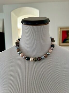 Multicolor Freshwater Pearl Necklace Gray Black White with Gold Clasp
